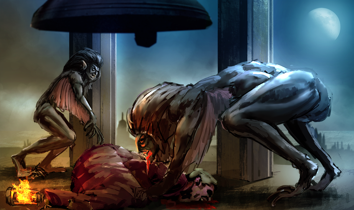 An illustration of a creature kneeling over and eating a human, with a smaller creature nearby.