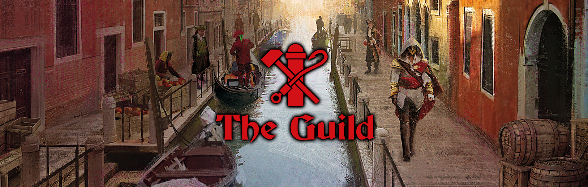 An illustration of people surrounding a channel. Overlaid is text that reads 'The Guild'