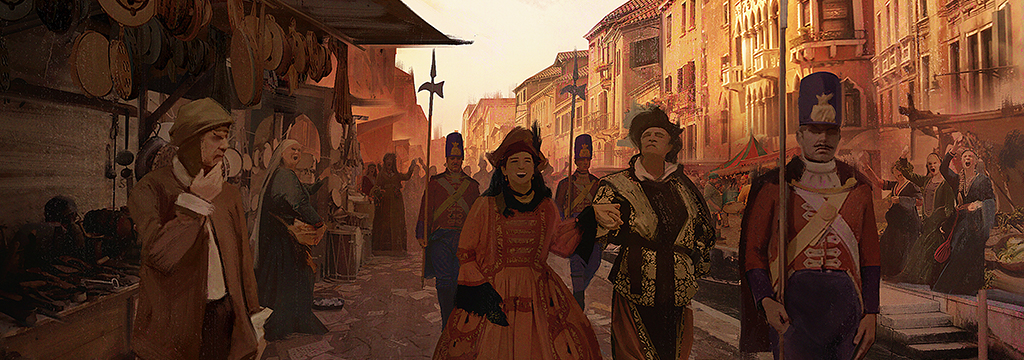 an illustration of people in an outdoor market. In the center are two people who appear to be nobles, who are laughing despite the apparent scorn of those around them, and who are surrounded by guards.